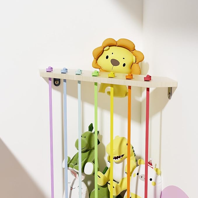 Stuffed Animals Storage for Corner | 4ft Adjustable Large Capacity Wooden Plushies Organizer with Colorful Elastic Cords | Easy Installation | Perfect for Kids' Rooms and Playrooms