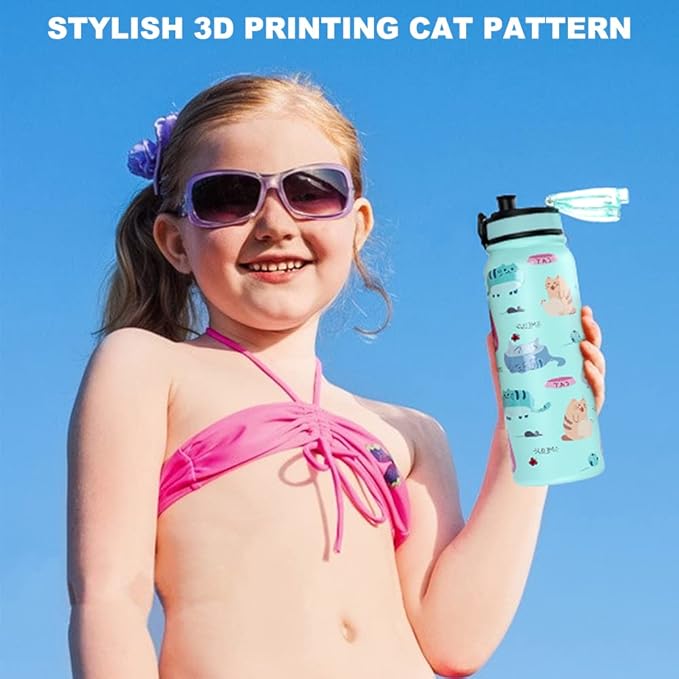 GOPPUS Kids Water Bottle with Straw Lid 20 oz Cat printing Double Walled Metal Insulated Stainless Steel Sports Water Bottles Leak Proof with Strap Handle for Boys Girls School(Green Cat 1 Lid)