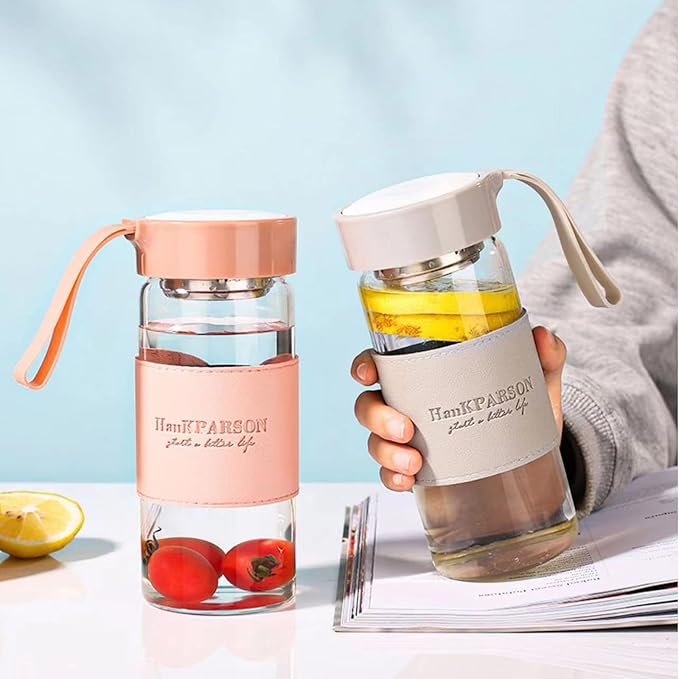 Glass Water Bottles 16 Oz Borosilicate water bottle-with sealing cap and Holsters and filters - BPA free,Men and Women Portable Glass Bottle (Pink)