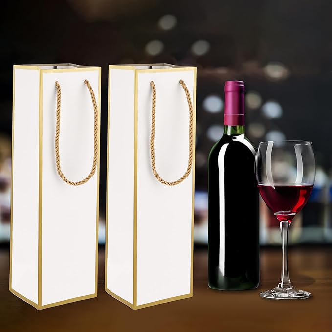 Wine Gift Bags 2 PCS Luxury Wine Bottle Gift Bags, 4"X4"X13.8" Reusable Liquor Bags with Gold Foil Print, Gold Foil White Wine Bags for Party Wedding Party Anniversary Champagne Wine Bags with Handles
