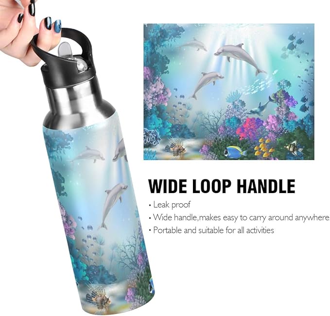 Underwater World Of Dolphins Sports Water Bottle, 22 Oz BPA Free Non-Toxic Stainless Steel Water Bottle with Straw for Gym Yoga Fitness Camping