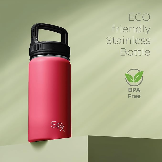 SipX™ Triple-Insulated Stainless Steel Water Bottle 18oz. With 3 Lids, BPA-Free Reusable Insulated Water Bottle Keeps Cold 24 Hours, Metal Water Bottle Made Of Sustainable Material For Hiking & Biking
