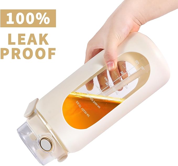 64oz Glass Water Bottle with Straw and Handle - Half Gallon Motivational Water Jug with Time Marker and Silicone Sleeve, Leak proof Wide Mouth Water Flask for Gym, Sports, and Daily Use (White)