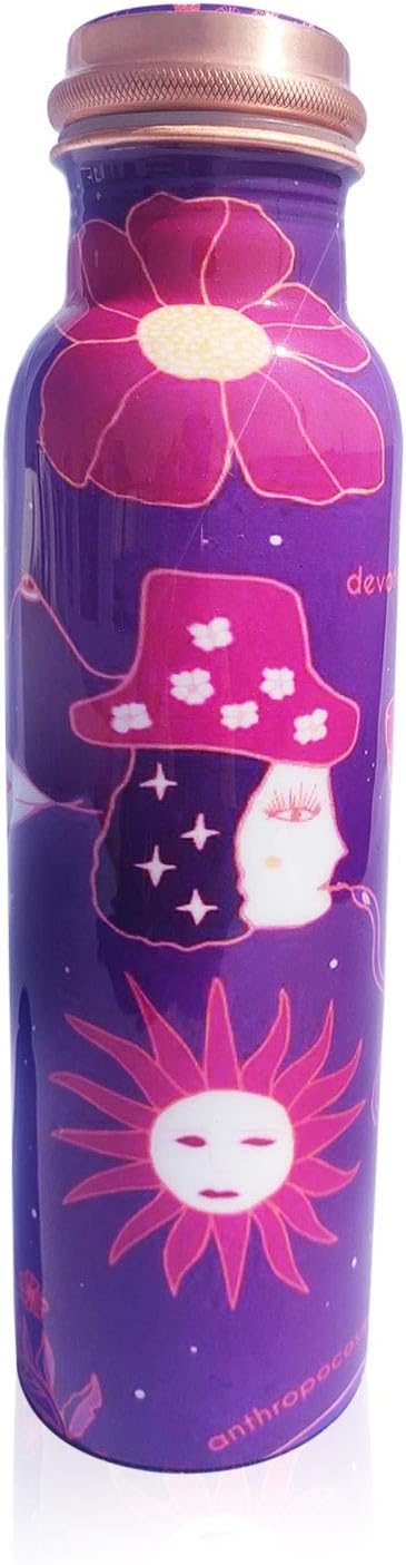 Pure Printed Copper Water Bottle - Leak Proof Ayurvedic Drinkware Copper Vessel for Sports, Gym, Outdoors, Yoga, Health Benefits (30 oz)