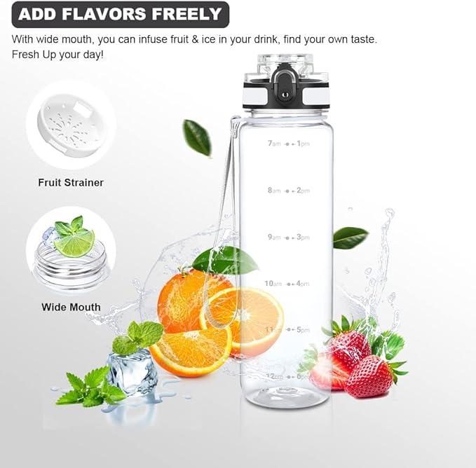 OLDLEY 32 oz Water Bottle, Motivational Water Bottle with Time Marker, Sports Water Bottle With Strap, Leakproof & BPA Free Large Water Bottles for School, Gym, Travel, Outdoor, Tritan, Transparent