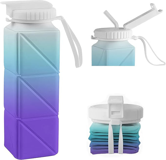 Collapsible Water Bottles with Straw Strap, BPA-Free Leak-Proof Silicone Collapsible Water Bottle Cup 620ml for Travel, Camping, Hiking, Cycling and Outdoor Sports (Blue-Purple Gradient)