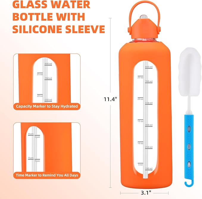 32 oz Glass Water Bottles with Straw Borosilicate Glass Water Bottle with Time Marker Motivational Water Bottles with Silicone Sleeve Leak Proof Reusable BPA Free