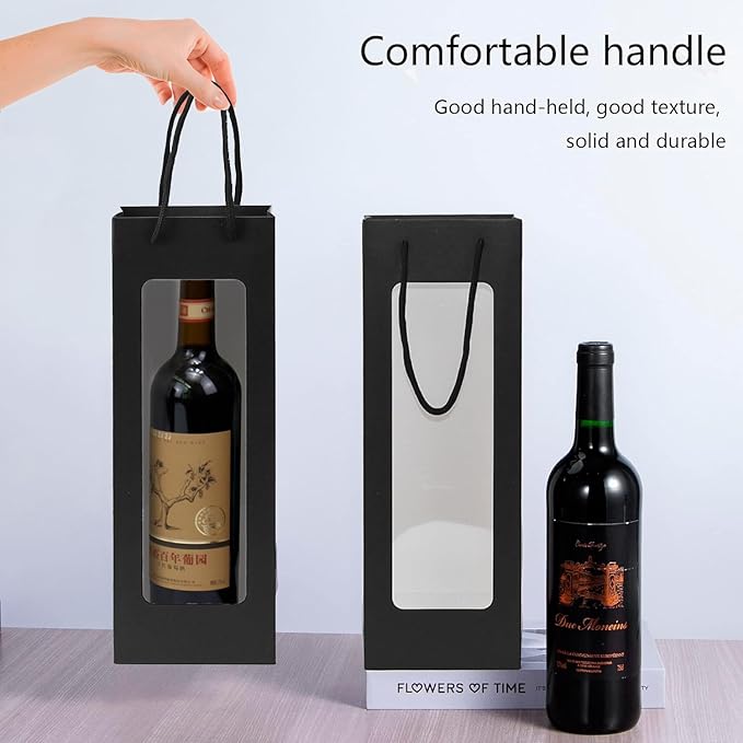 Ssyuysto 12 Pcs Black Wine Gift Bag with Window 4.9" x 3.34" x 14.1" Kraft Paper Wine Bags with Windows Flower Wrapping Bag Transparent Window Bags for Birthday Wedding Party Gift (Black)