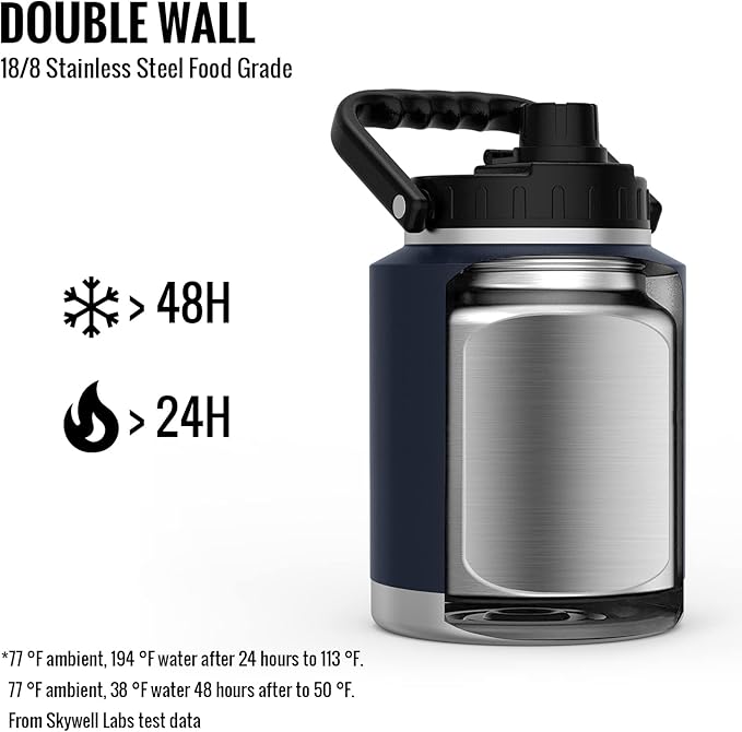 SkyWell Half Gallon Insulated Water Bottle with Handle and Wide Mouth Water Flask Sweat-Proof and Leak-Proof 64 Oz Water Jug for Outdoors, Navy
