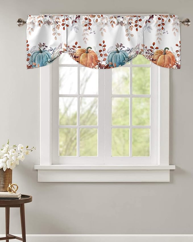 Fall Thanksgiving Blackout Tie Up Valance Curtains for Kitchen Windows Watercolor Autumn Pumpkins Eucalyptus Leaves Window Toppers Balloon Shades for Living Room/Bathroom/Bedroom,42" X 18",Blue Orange