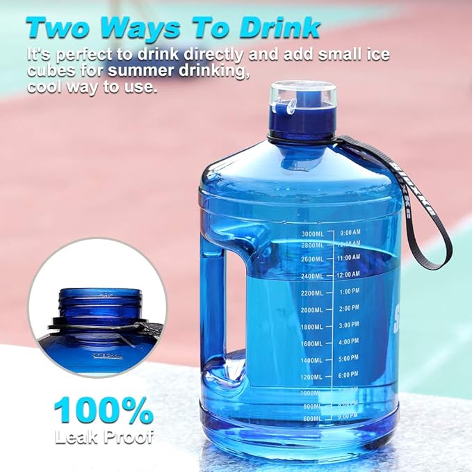 Gallon Big Water Bottle with Handle, 128oz Leakproof BPA Free Fitness Sports Water Bottle with Motivational Time Marker & Wide Mouth Ensure You Drink More Water
