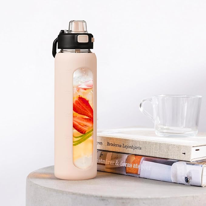 Kodrine 32 oz Glass Water Bottle with Soft Silicone Spout, Locking Lid, and Carry Loop, Pink