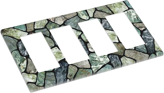 Green Stone Texture Quad Rocker Light Switch Wall Plate Cover Decorative 4-Gang for Outlet Room Bathroom Bedroom Home Kitchen Four Decora Receptacle Polycarbonate Power Gear 4.5" x 8"