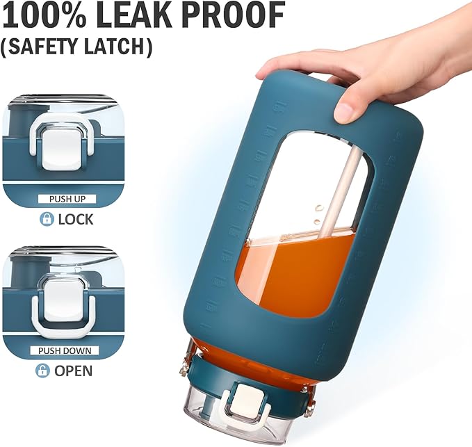 84oz Glass Water Bottle with Stainless Steel Handle,2.5L Gallon Water Bottle With 2-IN-1 Straw Lid, Silicone Sleeve and Motivational Capacity Marker, Wide Mouth Water Jug For Gym, Dark Blue