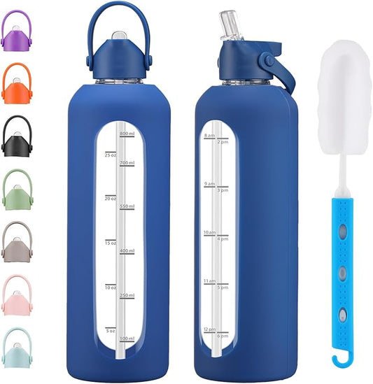 32 oz Glass Water Bottles with Straw Borosilicate Glass Water Bottle with Time Marker Motivational Water Bottles with Silicone Sleeve Leak Proof Reusable BPA Free