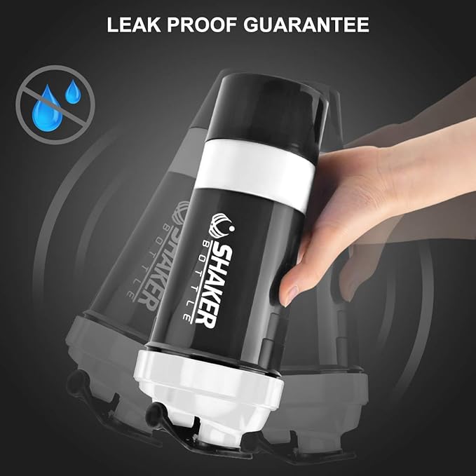 Protein Shaker Bottle - Sports Water Bottle - Non Slip 3 Layer Twist Off 3oz Cups with Pill Tray - Leak Proof Shake Bottle Mixer- Protein Powder 16 oz Shake Cup with Storage