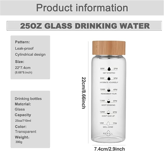 25oz Glass Water Bottle with Time Marker, Leak-Proof,With stainless steel tea strainer, BPA-Free Reusable Hot and Cold Beverages for Office, Gym, Travel