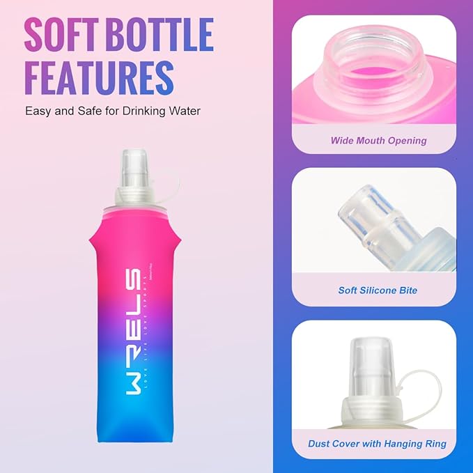 Collapsible TPU Soft Flask,Reusable Handheld Soft Water Bottle for Hydration Pack,BPA Free Gradient Folding Water Flask for Running Cycling Climbing (Rose Red&Dark Blue-250ml*2)