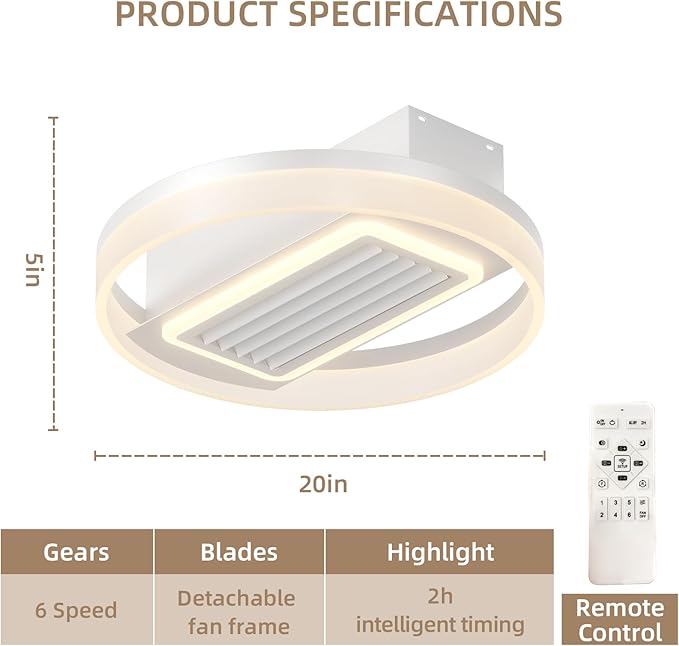 NicBex Ceiling Fan 20 Inch Modern Ceiling Fans with Lights Round Ceiling Fan with Remote Control Bladeless Ceiling Fans with Reversible Motor for Bedroom, Living Room, White