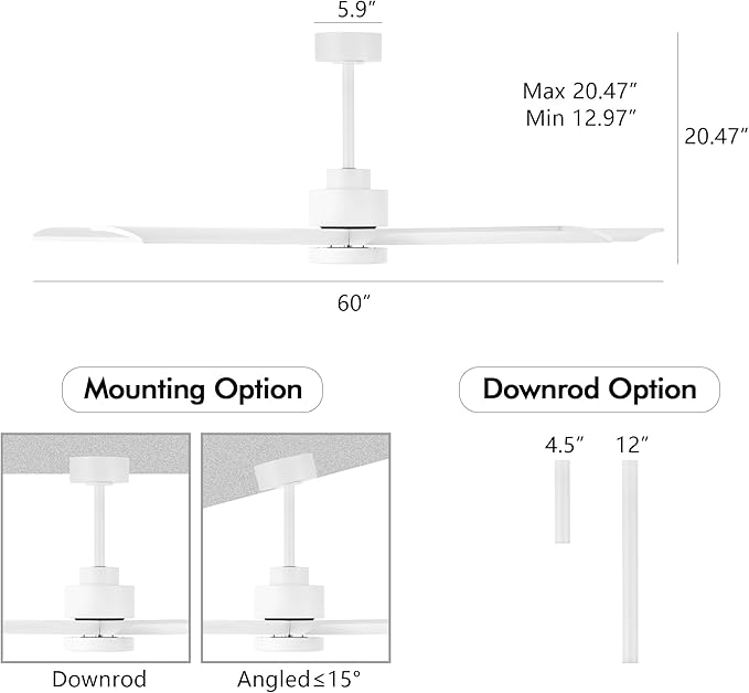 60" Modern Ceiling Fan with Lights and Remote Control, 5 Solid Wood Blades 6-Speed Noiseless Reversible DC Motor, Ceiling Fan for Bedroom Dinning Living Room, White