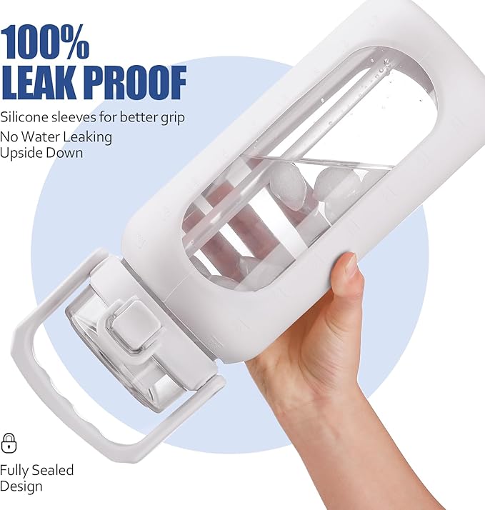 BLUEGO 64 oz Glass Water Bottle, Drinking Water Bottle with Handle and Straw, Half Gallon Motivational Water Bottle with Silicone Sleeve and Time Marker, Sports Water Bottle, BPA Free White