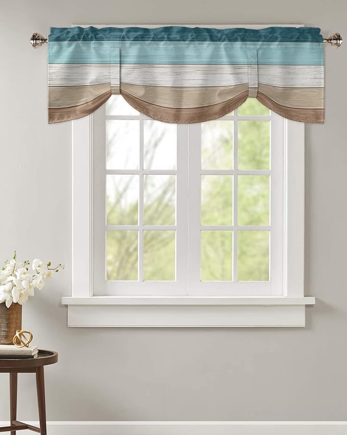 Farmhouse Blackout Tie Up Valance Curtains for Kitchen Windows,Teal Blue Brown Beach Window Toppers Balloon Shades for Living Room/Bathroom/Bedroom,1 Panel,42" X 12" Retro Rustic Barn Wood Texture