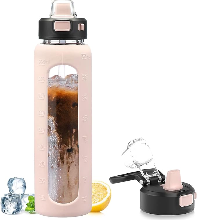 Kodrine 32 oz Glass Water Bottle with Soft Silicone Spout, Locking Lid, and Carry Loop, Pink