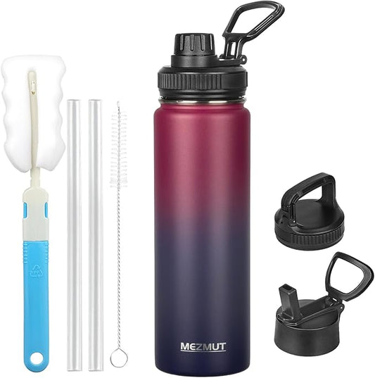 Insulated Water Bottle 24oz Stainless Steel Water Bottles with Straw&3 Lids Sports Metal Water Bottle Thermos Cup Double Walled Vacuum Insulated Bottles Leak-Proof Travel (Gradient Red Blue)