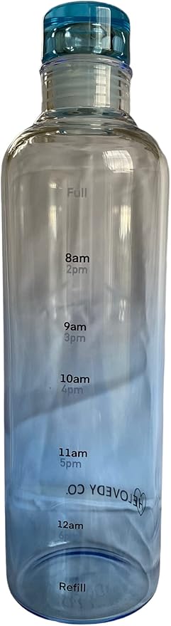 Glass Water Bottle 16 oz, 100% borosilicate, Pink, Clear & Blue Motivational Measurements w/Time, BPA-Free, Eco-friendly, for Gym, Sports, Travel, Fitness, or Work. (Clear Blue 500ml)