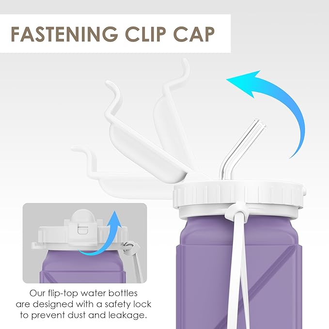 INNERNEED Collapsible Drinking Water Bottle with Straw, Reuseable Leakproof BPA Free Silicone Foldable Sports Gym Bottle, with Carrying Strap (1pack, Purple)