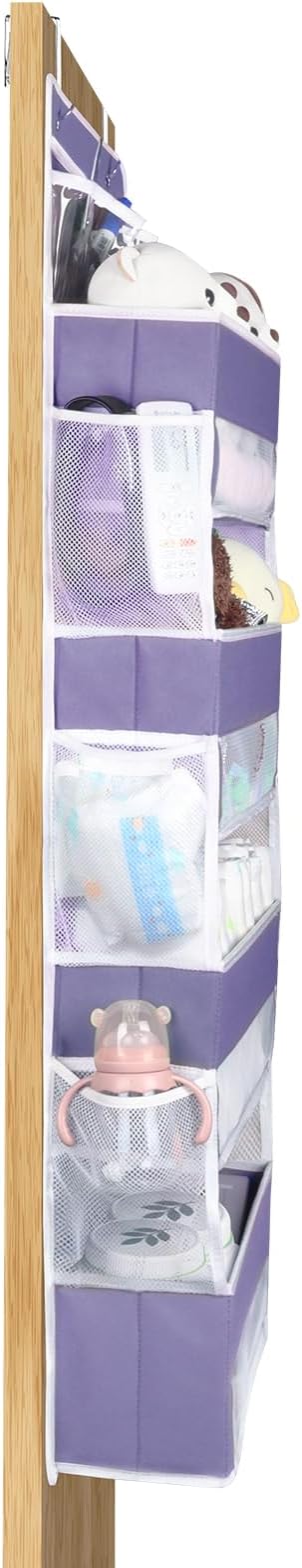 Univivi Over Door Hanging Organizers and Storage Nursery Closet Cabinet Baby Storage with 4 Large Compartments 2 Small PVC Pockets with 6 Side Pockets for Cosmetics, Toys and Sundries (Purple)