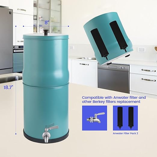 Amwater NSF/ANSI 42&372 Certification 2.25Gallon Stainless Steel Gravity-Fed Filter System,304 Stainless Steel Countertop System