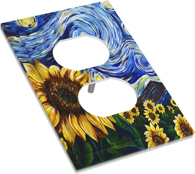 Vintage Abstract Blue Starry Sunflower Single Duplex Wall Plate Covers Light Switch Cover 1 Gang Outlet Plate Decorative Switchplate Covers Electrical Faceplate for Farmhouse Country Bedroom Decor