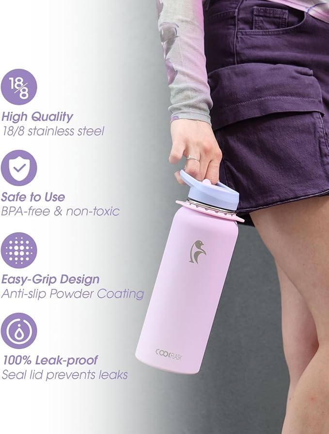 Coolflask Water Bottle with Straw, 32 oz Insulated Metal Water Flask with Straw & Spout Lids, Stainless Steel Double Wall Vacuum, Keep Cold 48h Hot 24h, Leak Proof & Non-BPA, Lavender