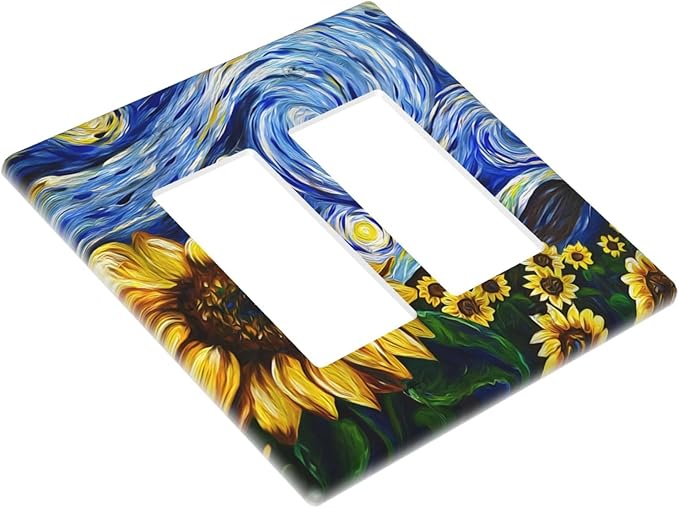 Vintage Abstract Blue Starry Sunflower 2 Gang Rocker Decora Light Switch Covers Dual Outlet Covers Wall Plate Decorative Switchplate Electrical Faceplate GFCI for Farmhouse Country Bedroom Decor