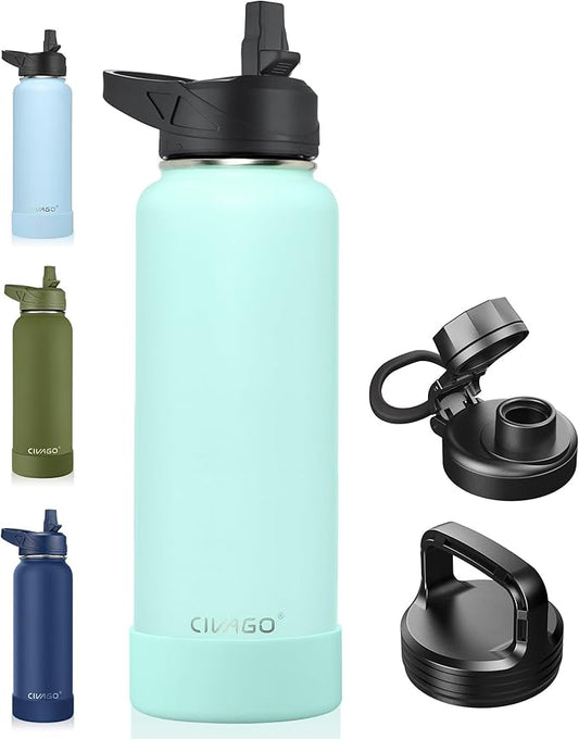 CIVAGO 40 oz Insulated Water Bottle With Straw, Stainless Steel Sports Water Flask Cup with 3 Lids (Straw, Spout and Handle Lid), Double Walled Travel Thermal Canteen Mug, Seafoam