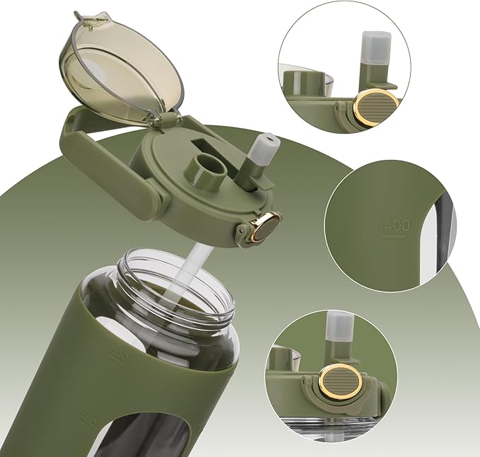 Moretoes 64oz Glass Water Bottle with Straw, Motivational Glass Bottle with Time Marker and Silicone Sleeve, Reusable Large Sports Water Jug for Outdoor Family Exercise (Olive Green)