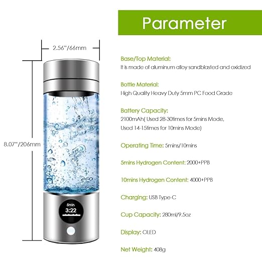 Hydrogen Water Bottle 4000+PPB, 4th Gen Hydrogen Water Generator Bottle with SPE PEM Technology Water Ionizer 5Min Quick Electrolysis, Hydrogen Rich Water Machine for Travel (9.5oz Silver)
