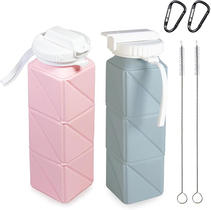 Collapsible Water Bottle, Silicone Foldable Water Bottles For Travel, Easy-To-Carry Design And Compact Size, BPA Free, 20 oz (2-Pack, Pink & Blue (Cuboid))