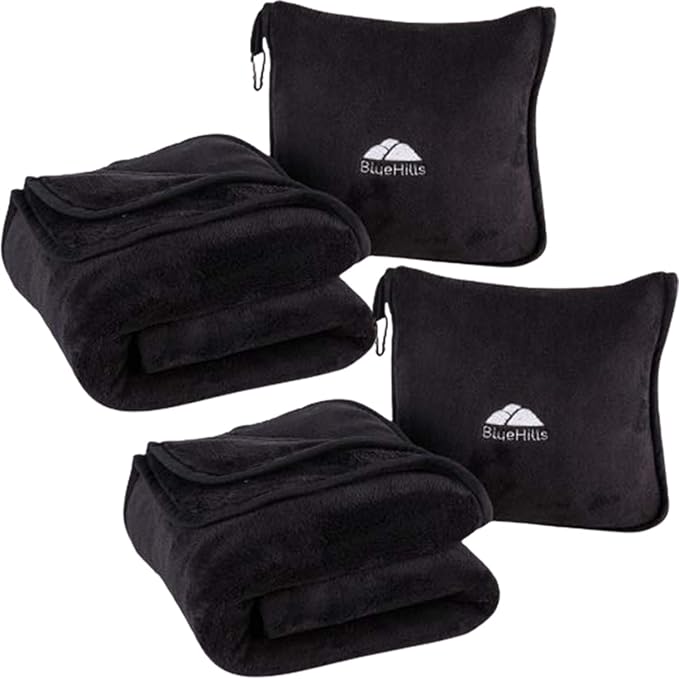 BlueHills 2-Pack Premium Soft Travel Blanket Pillow Airplane Blanket for Two in Soft Bag Pillowcase with Hand Luggage Belt and Backpack Clip, Compact Pack Large Blankets for Travel (Black T014)