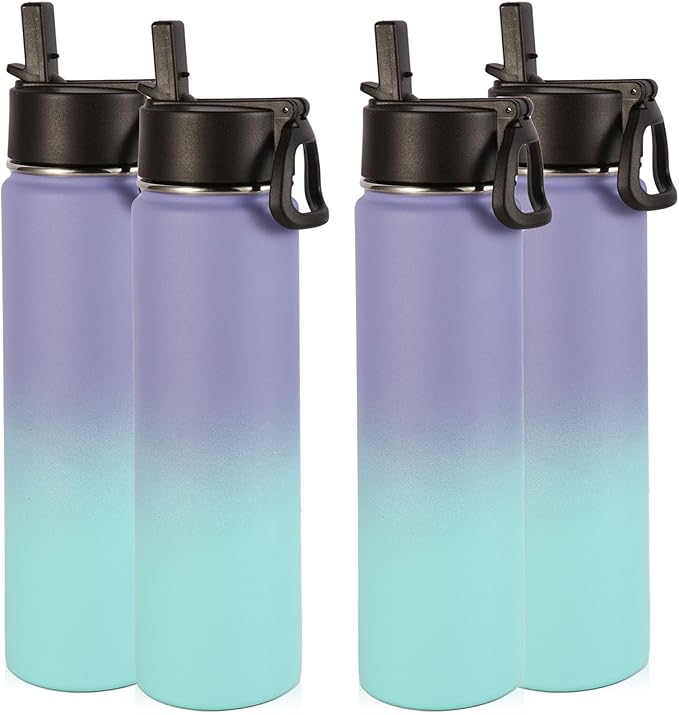 Volhoply 24oz Insulated Water Bottle With Straw Bulk 4 Pack,Metal Wide Mouth Water Bottles With Handle Keep Cold,Reusable Double Wall Thermos,Powder Coated Sport Bottle For Holder(Purple Blue,4 Count)