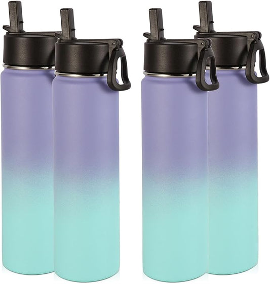 Volhoply 24oz Insulated Water Bottle With Straw Bulk 4 Pack,Metal Wide Mouth Water Bottles With Handle Keep Cold,Reusable Double Wall Thermos,Powder Coated Sport Bottle For Holder(Purple Blue,4 Count)