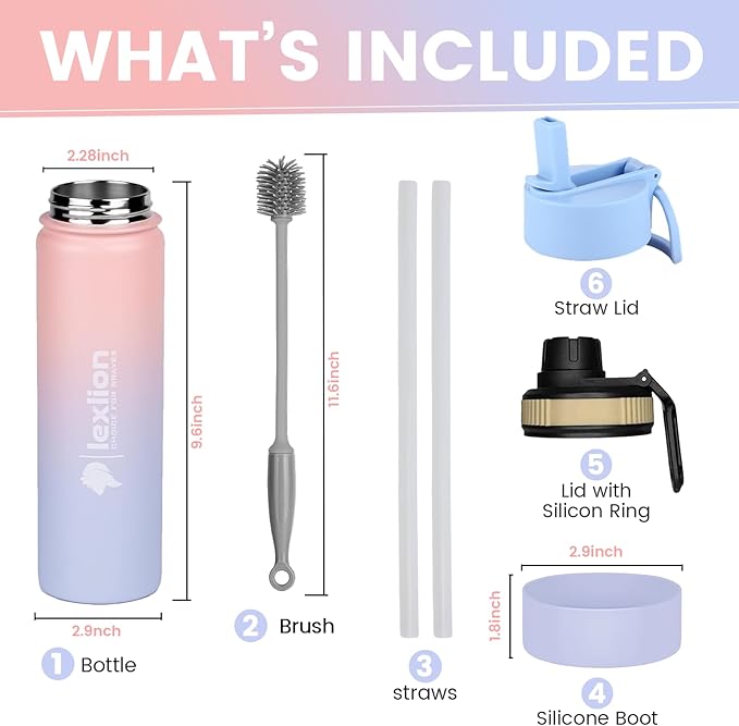 Water Bottle 22oz, Triple Walled Insulated Stainless Steel Reusable Bottle, Silicone Sleeve, Cleaning Brush, 2 Lids (Spout lid & Straw lid w/2 straw), Metal Mug Gallon, BPA Free, Pinky