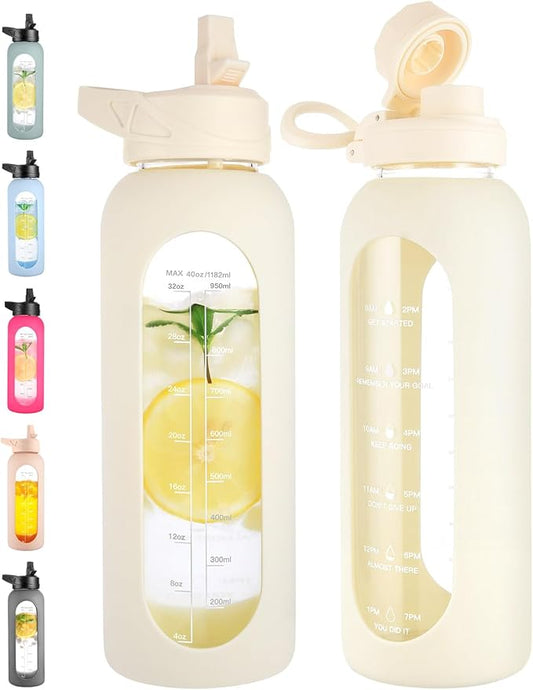 CIVAGO 40 oz Glass Water Bottle with Straw and Handle, Large Sports Motivational Water Bottle Flask with Time Marker and 2 Lids, Leakproof Water Jug Canteen with Silicone Sleeve for Gym,Cream