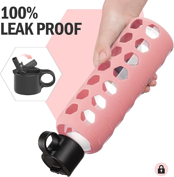 MUKOKO Glass Water Bottles, 24oz Glass Tumbler, Drinking Bottles with 2 Lids-Handle Flip Straw Lid&Bamboo Lid, Motivational Water Bottle with Time Marker and Silicone Sleeve, Leakproof-1 Pack-Pink