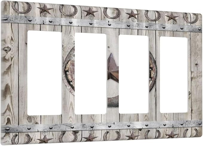 Rustic Western Wood Barn Door Horseshoe Iron Star 4 Gang Rocker Decora Light Switch Cover Outlet Covers Wall Plate Decorative Switchplate Electrical Faceplate GFCI for Farmhouse Bedroom Decor