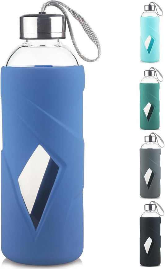32 oz Borosilicate Glass Water Bottle BPA Free Reusable Glass Drinking Bottle with Silicone Sleeve and Stainless steel Lid