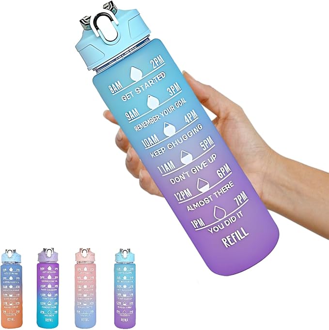 Generic Drinking Water Bottles Fitness Sports With Time Marker, 900 ml, Multiple Colors, Motivational Drinking Bottles (Blue+Purple), XH-2081