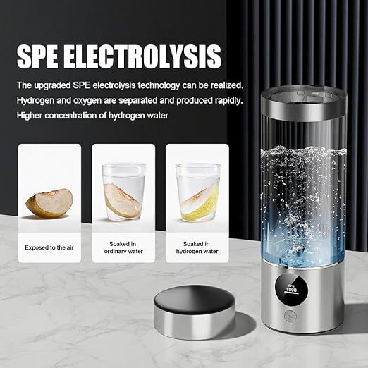 Hydrogen Water Bottle is a 3-Purpose Hydrogen Water Generator That uses Advanced SPE and PEM 15 Minutes About 5000 ppb of odourless Hydrogen Water(Silver/380ML)