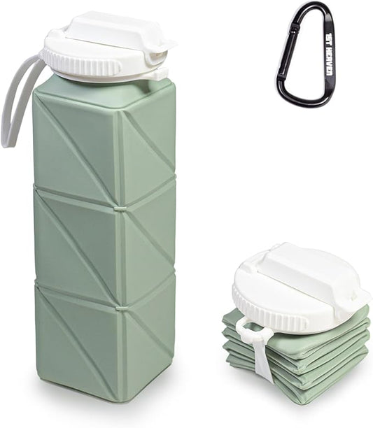 Collapsible Water Bottle, Silicone Foldable Water Bottles For Travel, Easy-To-Carry Design And Compact Size, BPA Free, 20 oz (Green (cuboid))